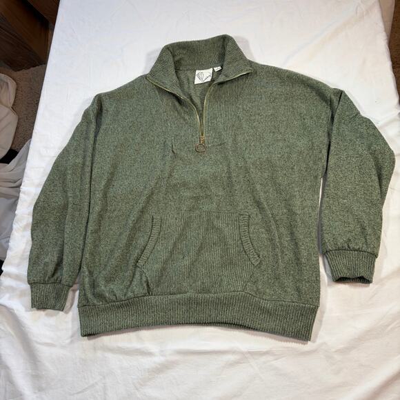 Janet Chung green quarter zip sweater. M Mock neck front pocket 3/4 sleeve. Soft - Picture 5 of 8